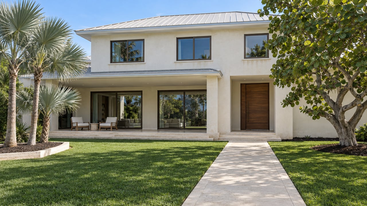 Cream luxury villa with bronze-framed glazing, a sheltered limestone terrace, and a broad lawn bordered by sea grape and silver thatch palms.