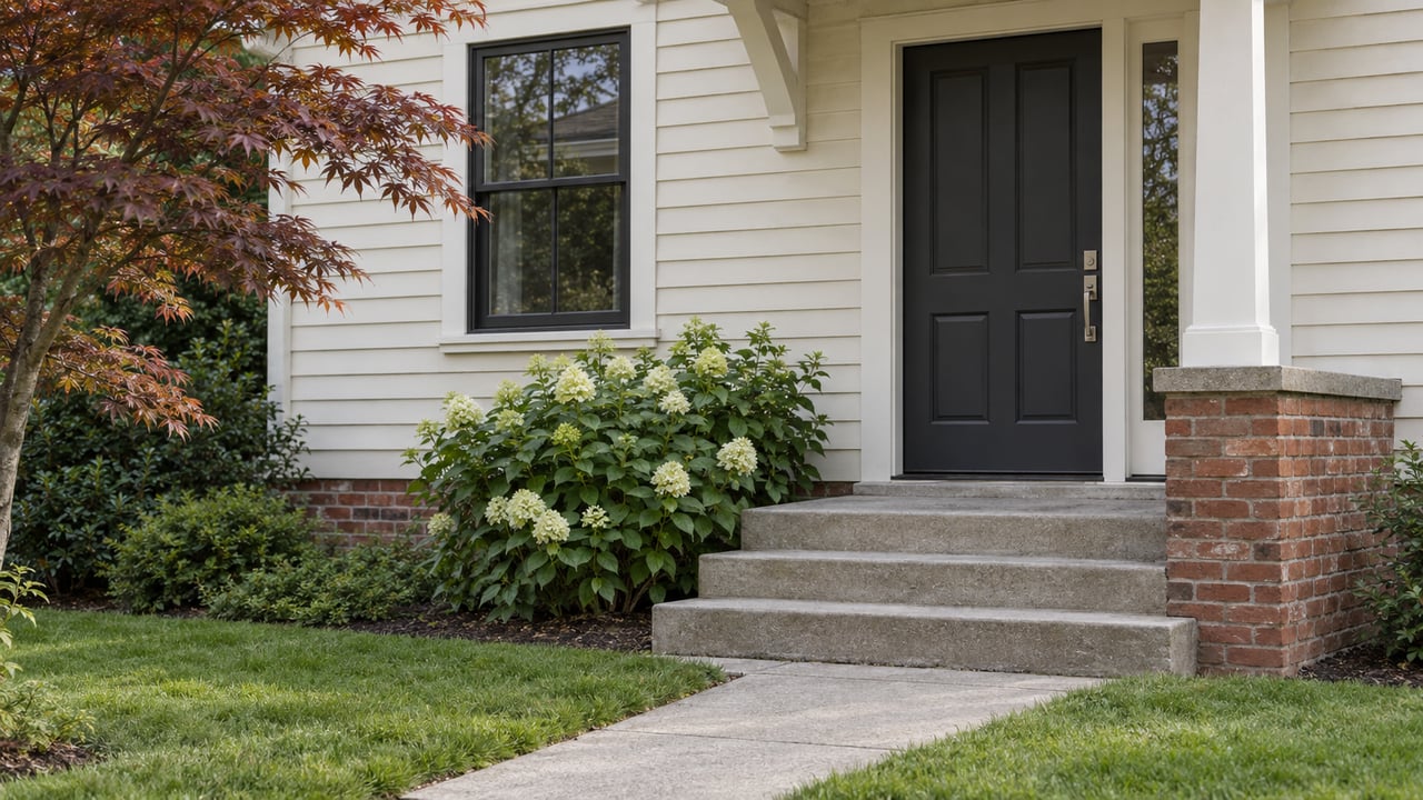 Older home entry with a charcoal door, glazed sidelight, brick steps, and a hydrangea beside the lawn.