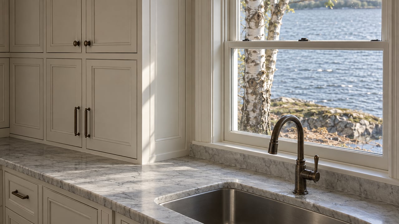 Kitchen with pale gray marble counter, bronze faucet, ivory cabinets, and a window overlooking rippled water and a birch trunk.