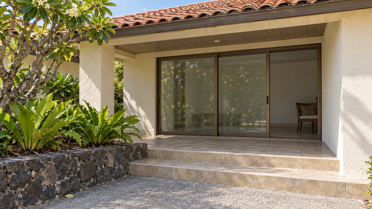 Terracotta eaves shade a cream-stucco lanai with bronze sliding glass doors, tiled steps and a volcanic-stone planting bed containing bird’s-nest ferns beside a plumeria tree.