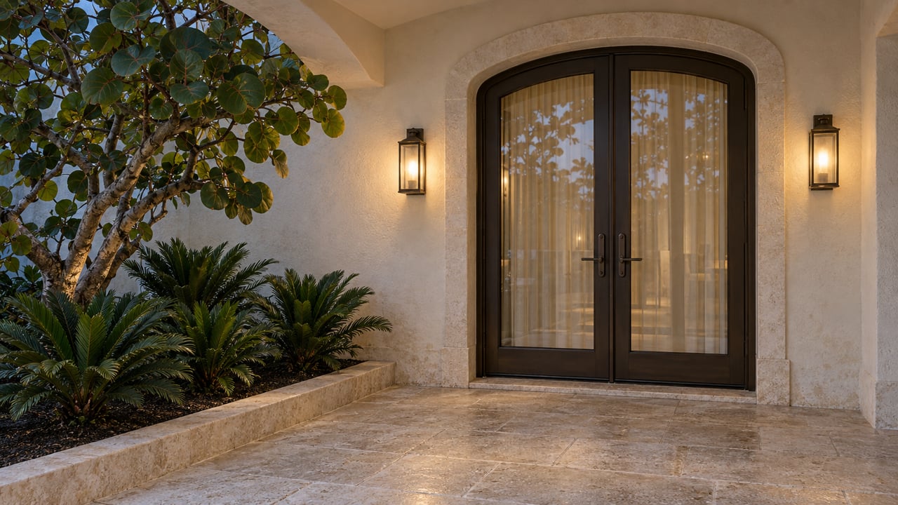 Dusk light on a white stucco residential loggia with bronze-framed glass doors, limestone paving, and sea grape foliage.