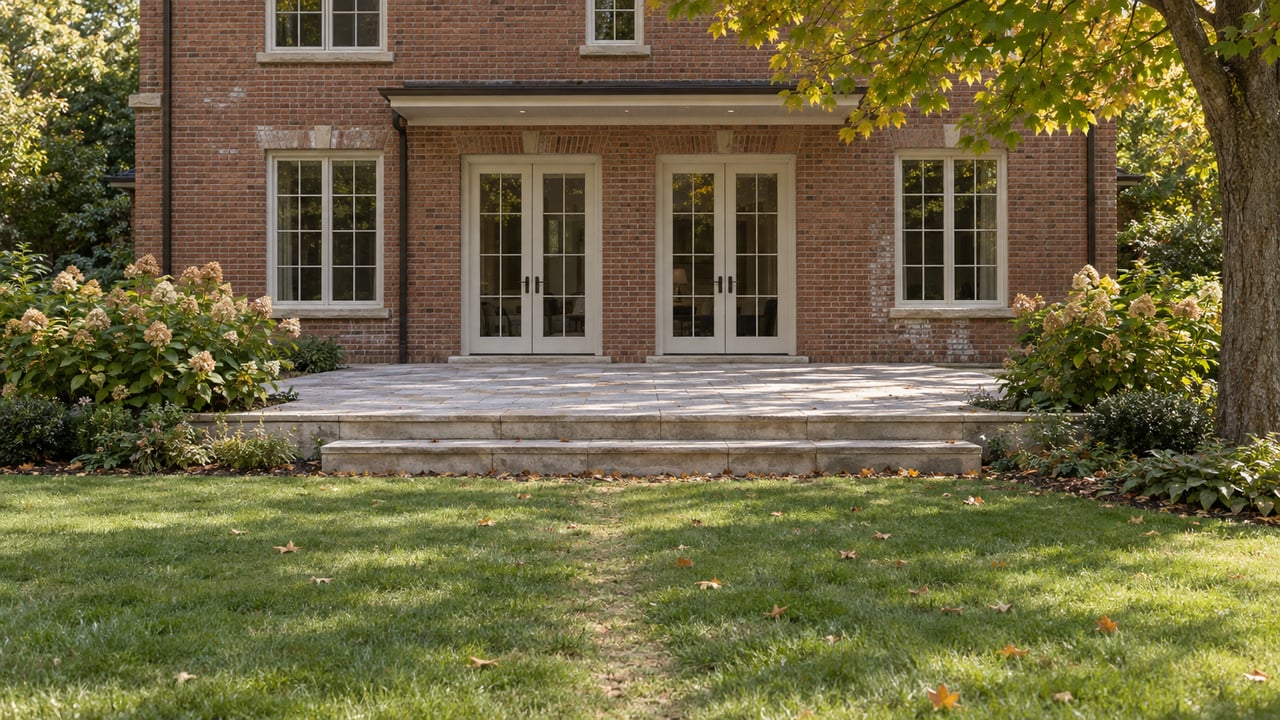 Brick rear elevation with French doors and divided-light windows, beyond a limestone terrace and maple-edged lawn.