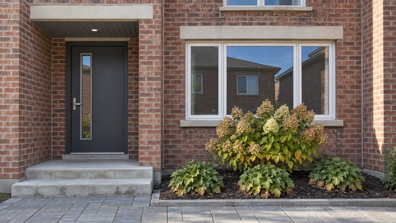 Brick townhouse entrance with a charcoal door, white-framed windows, concrete steps and a hydrangea in early autumn light.