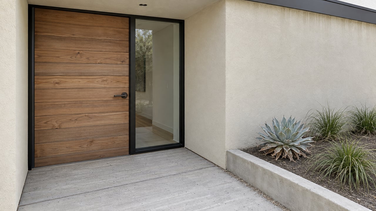 A recessed cedar entry door and full-height sidelight beneath a cream stucco overhang, beside a concrete landing with coastal succulent planting.