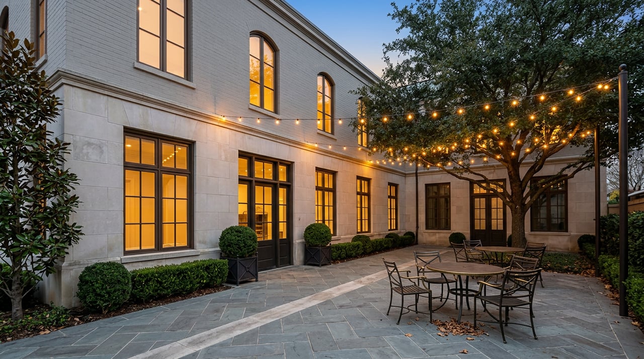 Blue-hour courtyard with glowing arched windows, string lights, a spreading oak, and wrought-iron café tables.