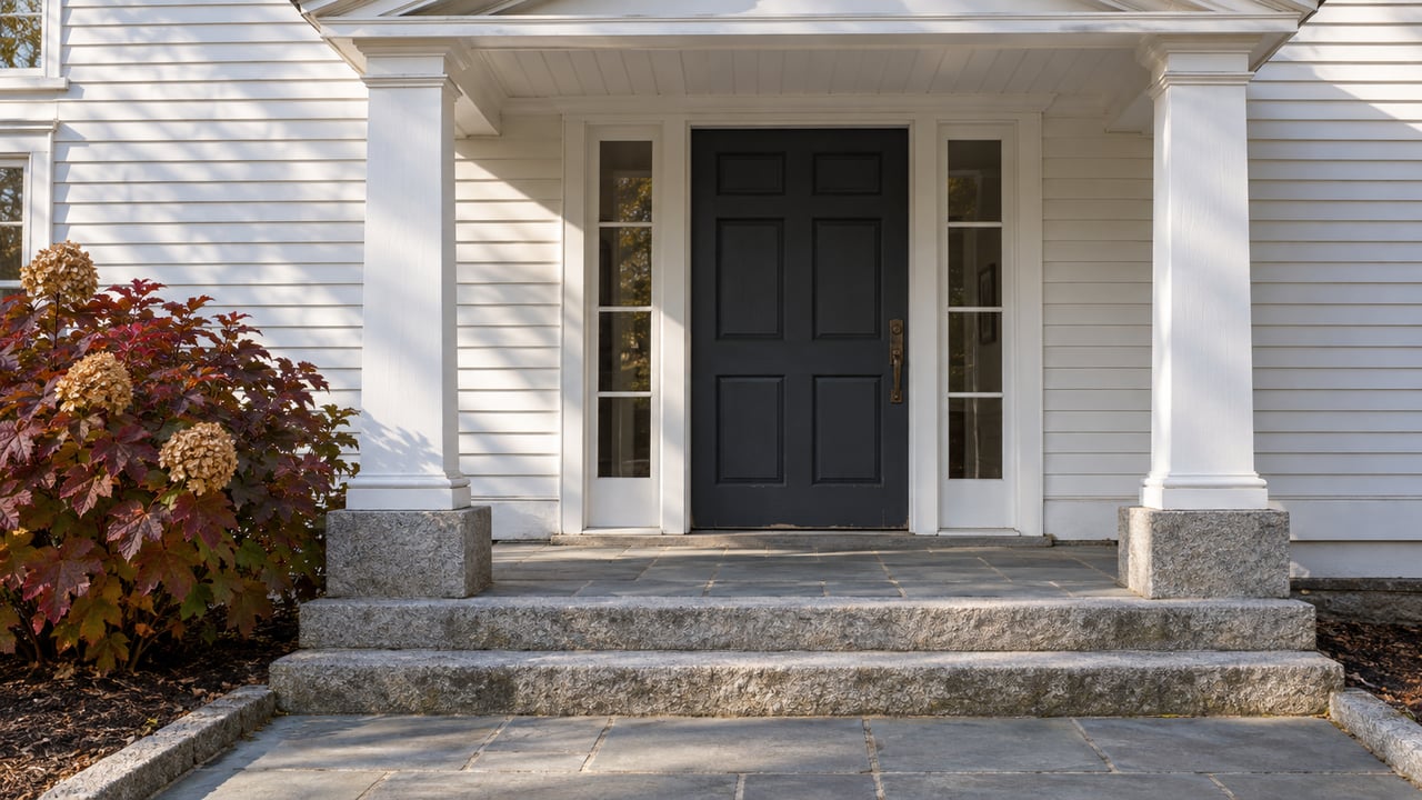White clapboard entry with a charcoal door, paired sidelights and columns, weathered blue-gray stone steps, and burgundy oakleaf hydrangea foliage.