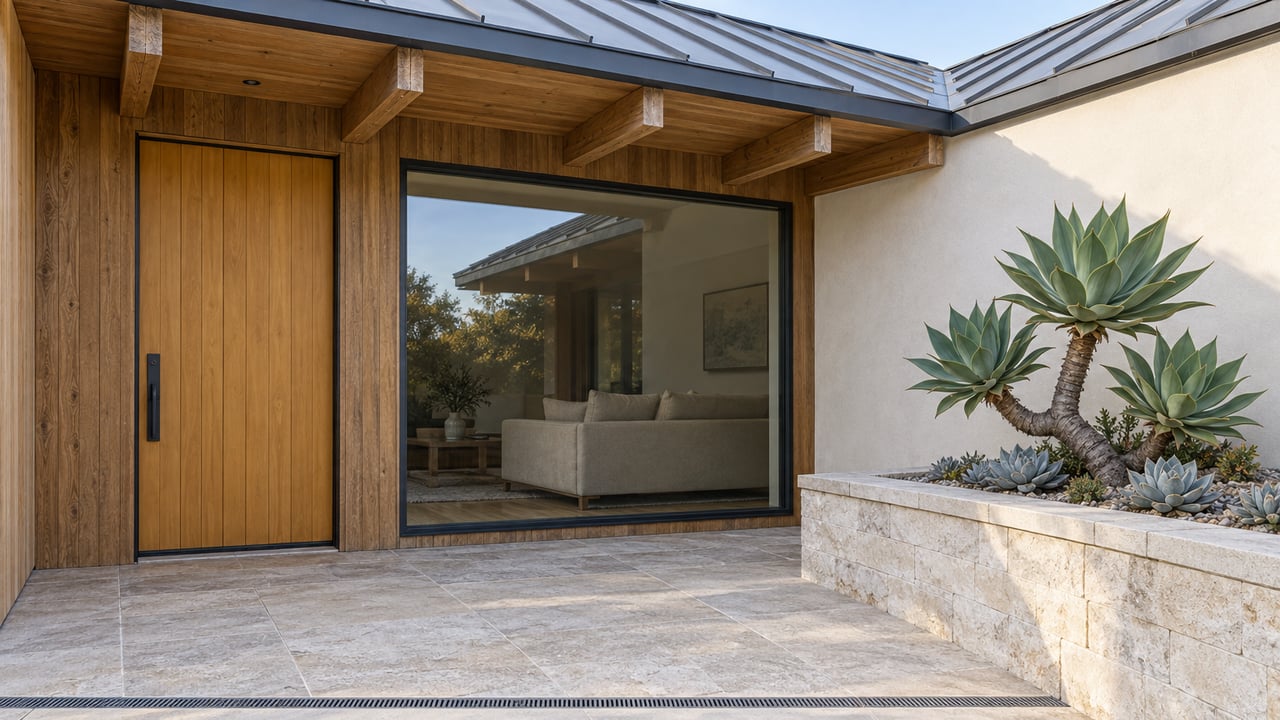 Morning light on a post-and-beam home's cedar entry, broad picture window, limestone landing, and sculptural succulent planter.
