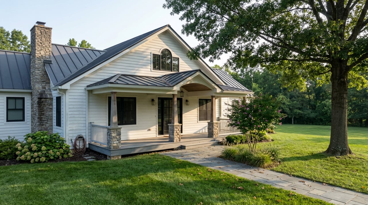 White-sided house with black-framed windows, a covered stone-pier porch, and a redbud beside the walkway.