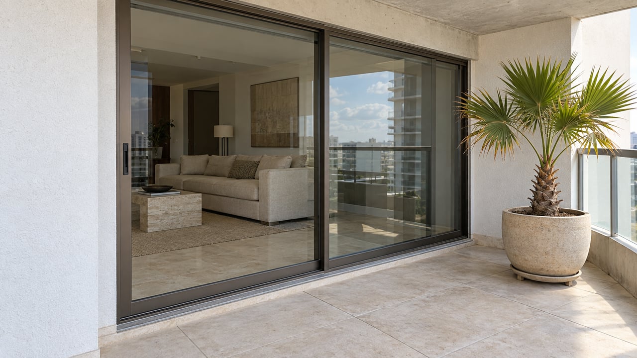 Closed sliding glass doors open onto a tiled condominium terrace, with a potted palm beside the balcony railing.