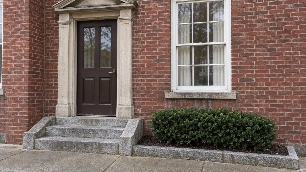 Red brick residential entrance with a limestone pediment, dark paneled door, tall sash window and worn granite steps beside a clipped yew.