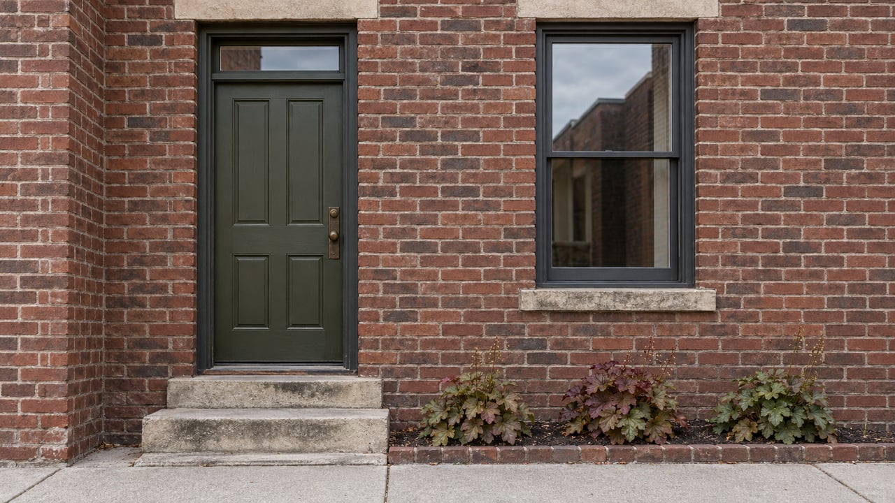 Brick dwelling entry with an olive-green door, tall window, limestone steps, and bronze-green plants.