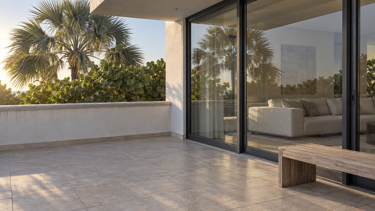 Sunlit elevated lanai with pale tile, white stucco, closed glass doors, a weathered teak bench and silver thatch palm beyond the parapet.