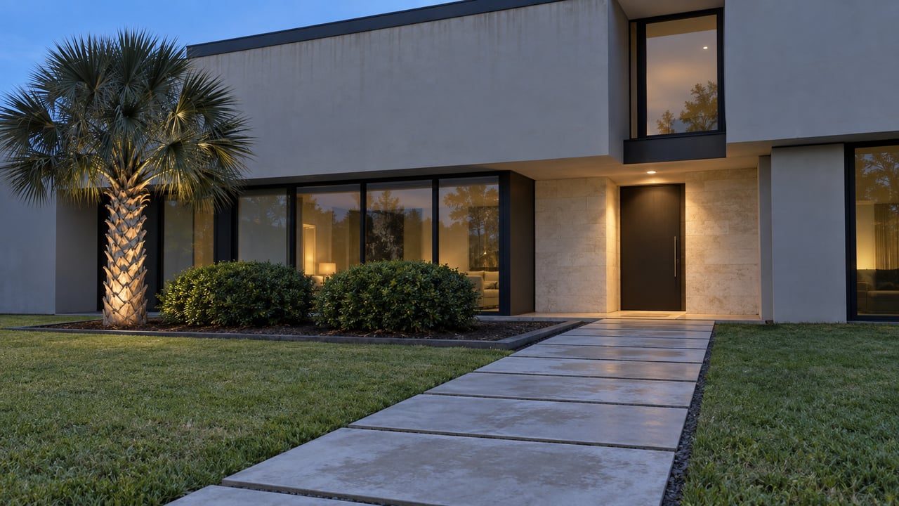 Modern plaster house with recessed entry, reflective glass, lawn, concrete approach, and a palm beside the path.