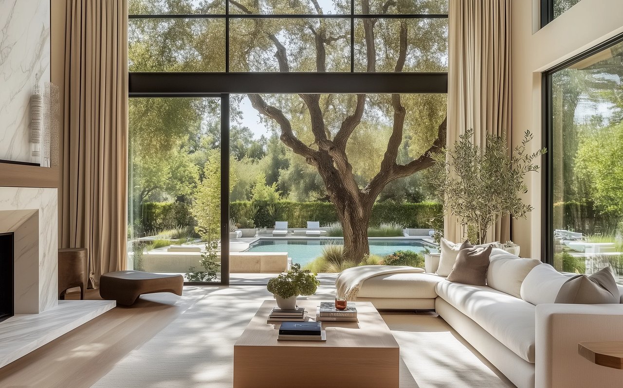 Modern living room with a white sectional and floor-to-ceiling windows overlooking a pool and mature tree.