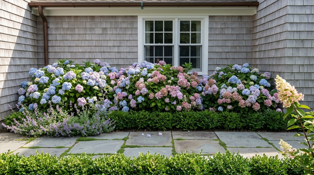 Bluestone path bordered by clipped boxwood and pale blue and dusty pink hydrangeas beside a shingled house.