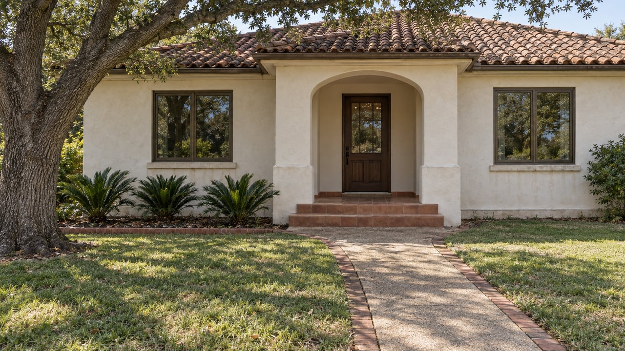 Ivory stucco home with a weathered clay-tile roof, arched porch, and brick-edged walkway across a lived-in lawn beneath a spreading live oak.