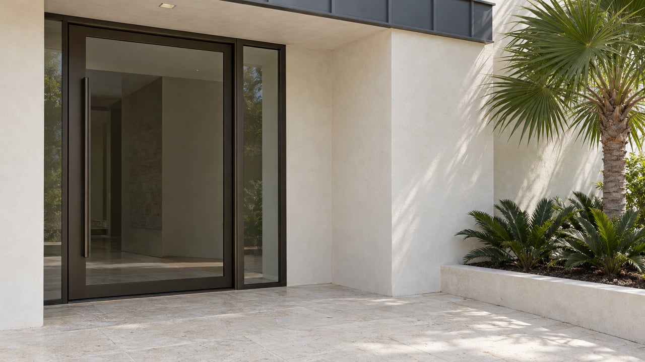 Closed bronze-framed glass entry door beside warm-white stucco, limestone paving, and a planter with a palm and cycads.