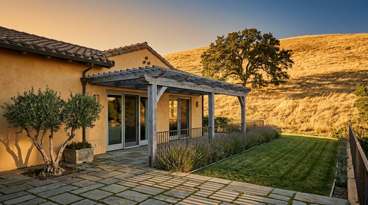 Ochre-stucco country home with a timber pergola overlooking a golden-grass pasture and oak tree.