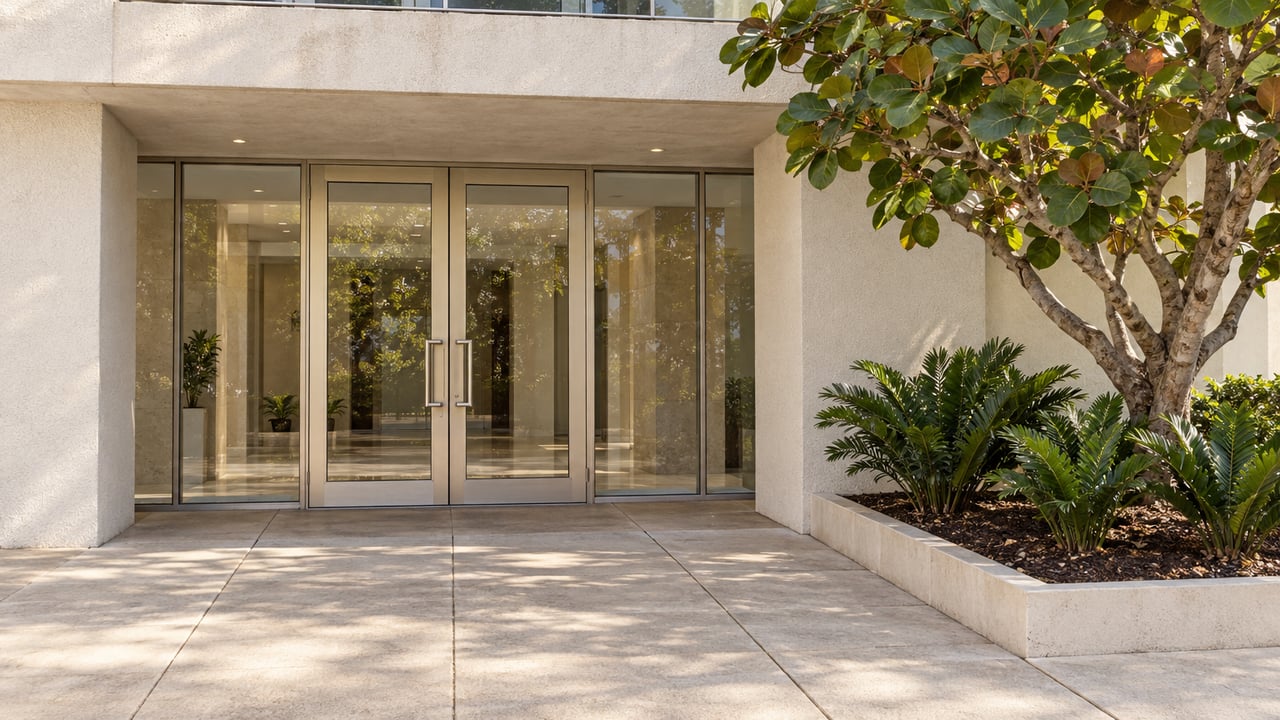 A sunlit condominium entrance with pale stucco, paired glass doors and a sculptural sea grape tree beside a raised planting bed.