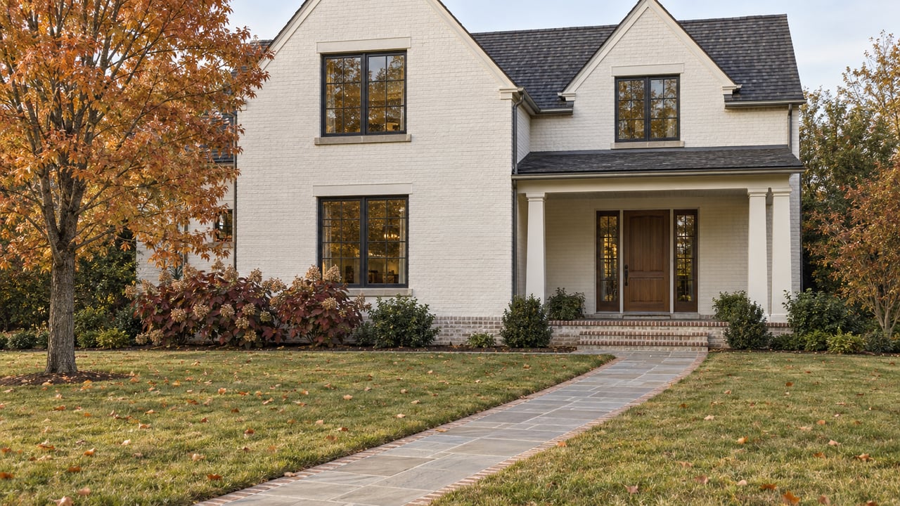 A warm-white brick home with dark gabled roofs, a recessed oak entry, and an autumn maple beside a broad front lawn.