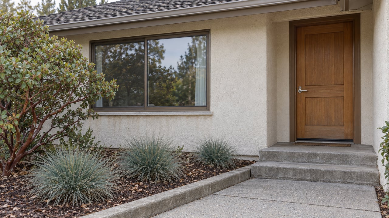 Soft autumn daylight on a stucco home's wood front door, bronze-framed window, concrete steps, and red-barked manzanita.