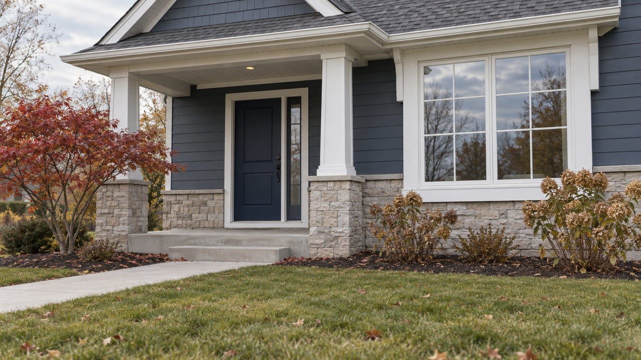 Blue-grey suburban house with a navy front door, limestone porch base, and copper-red Japanese maple.