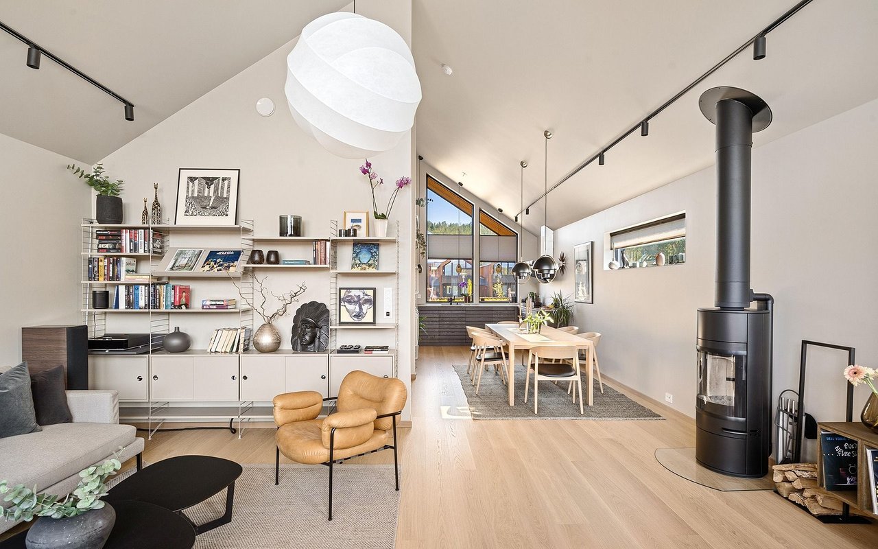 Open-plan living and dining room with vaulted ceiling, built-in shelves, and a freestanding wood stove.