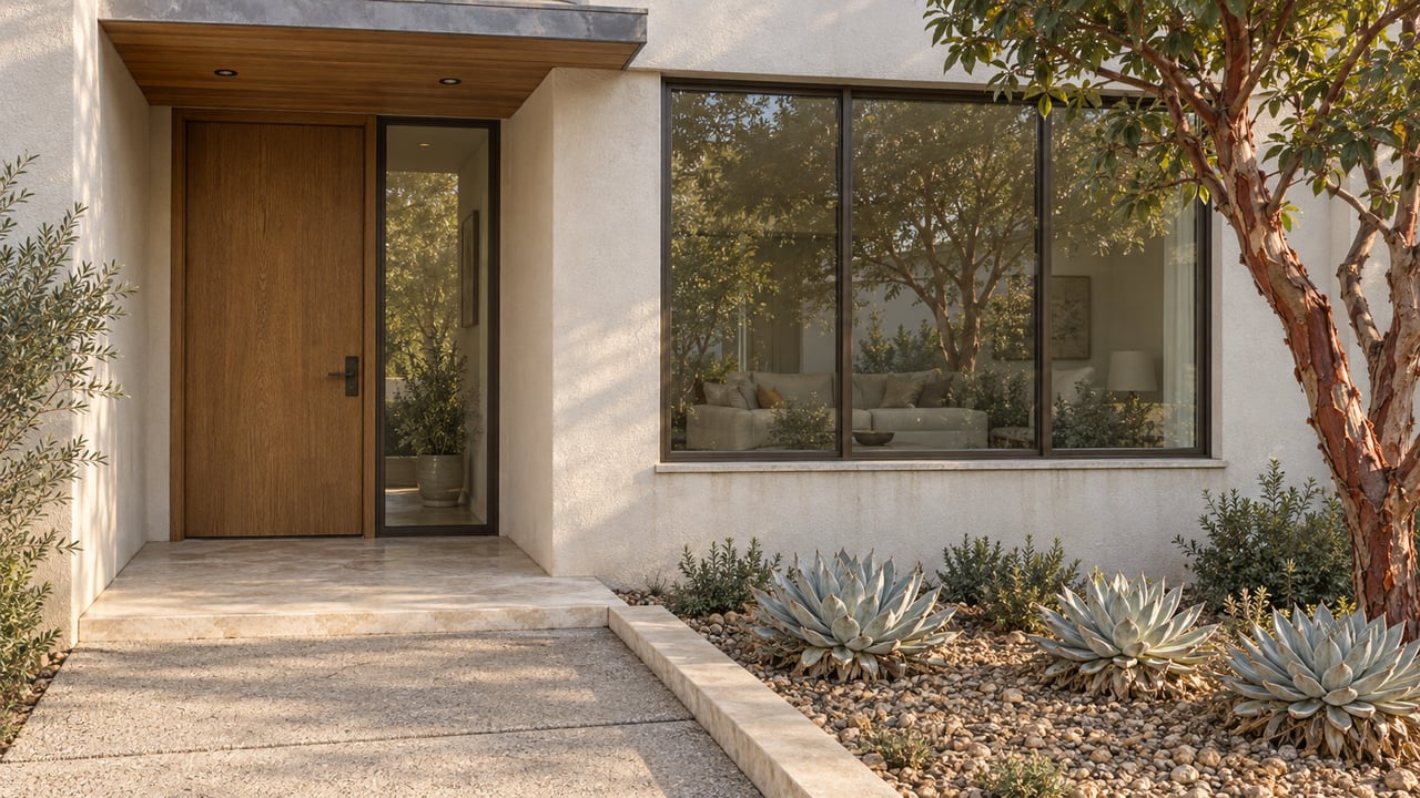 Sunlit stucco home entry with an oak door, cedar soffit, broad window and concrete approach bordered by sculptural planting.