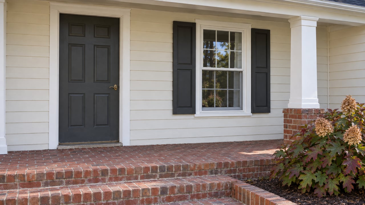 House entry with a dark door, shuttered window, and brick porch steps.