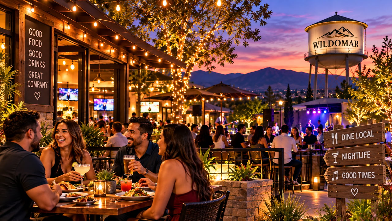 Friends dining at an outdoor patio at sunset in Wildomar, CA, with live music and signs reading Dine Local and Nightlife.