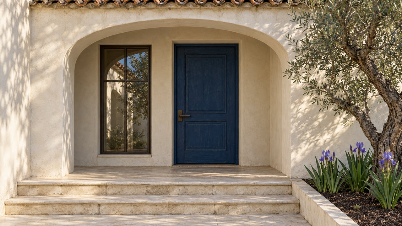 Arched ivory-stucco entrance with a deep-blue timber door, limestone steps and a mature olive tree.