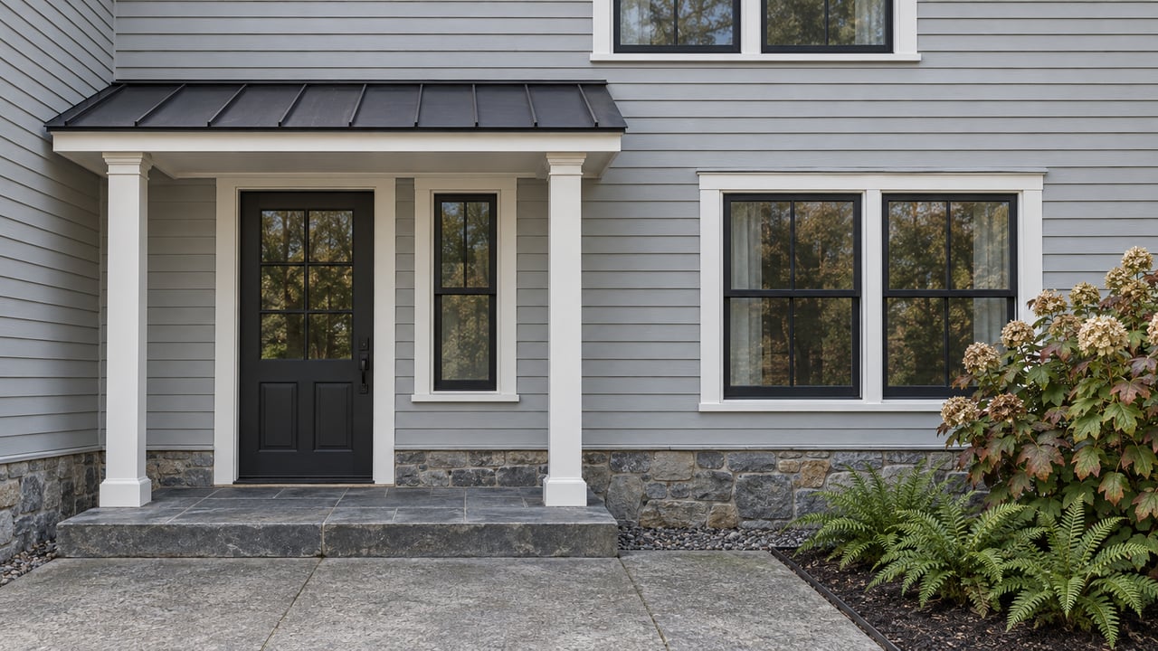 Gray clapboard condominium entrance with charcoal glazed door, paired windows, weathered bluestone landing and autumn oakleaf hydrangea.