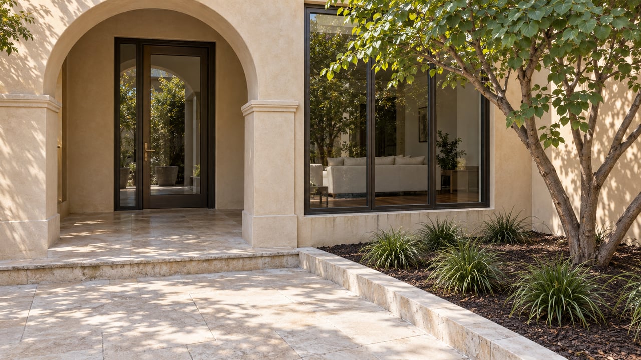 Sunlit limestone courtyard beside a warm stucco home, with an arched loggia, bronze-framed windows and a sculptural redbud tree.