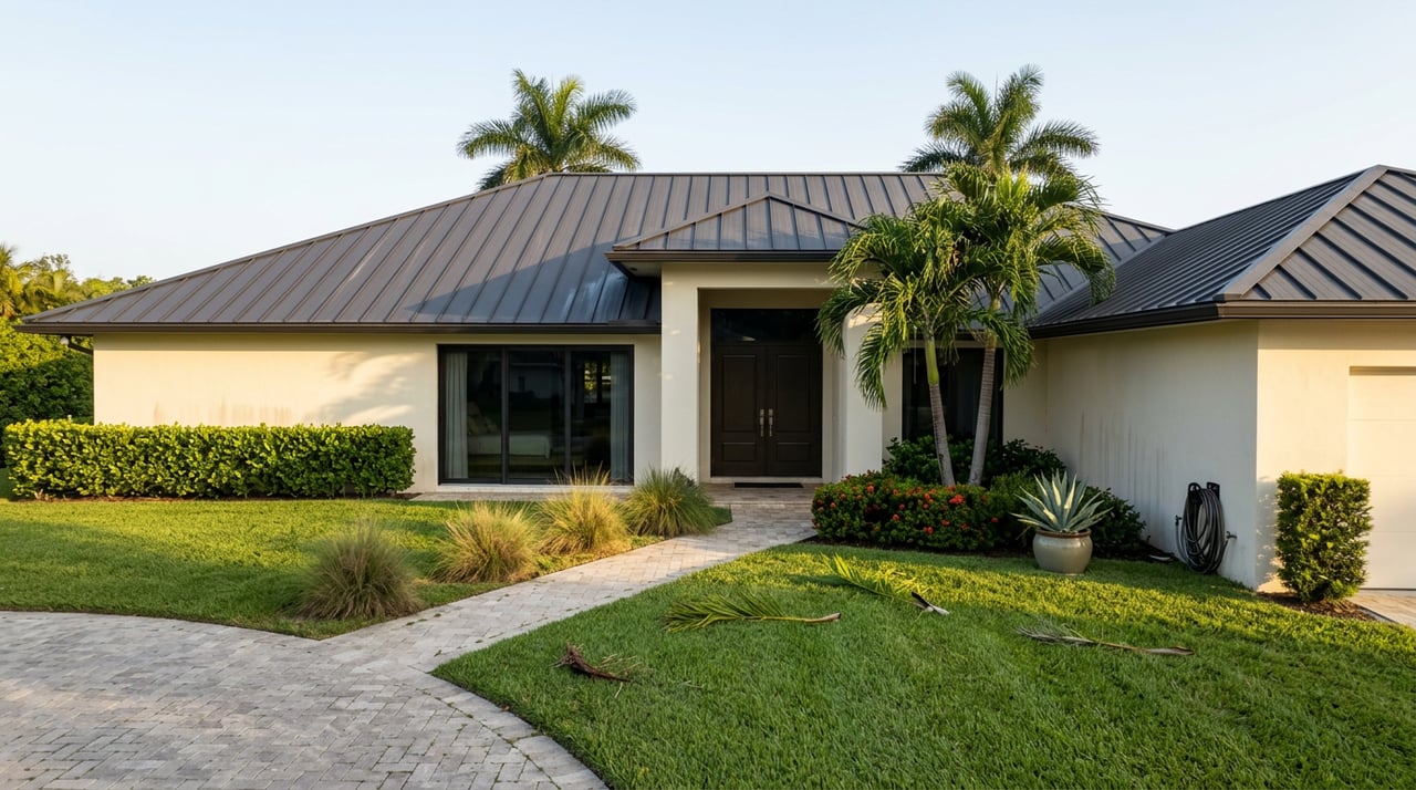 Single-story cream stucco home with a charcoal metal roof, palm trees, black-framed windows, and a deep front lawn.