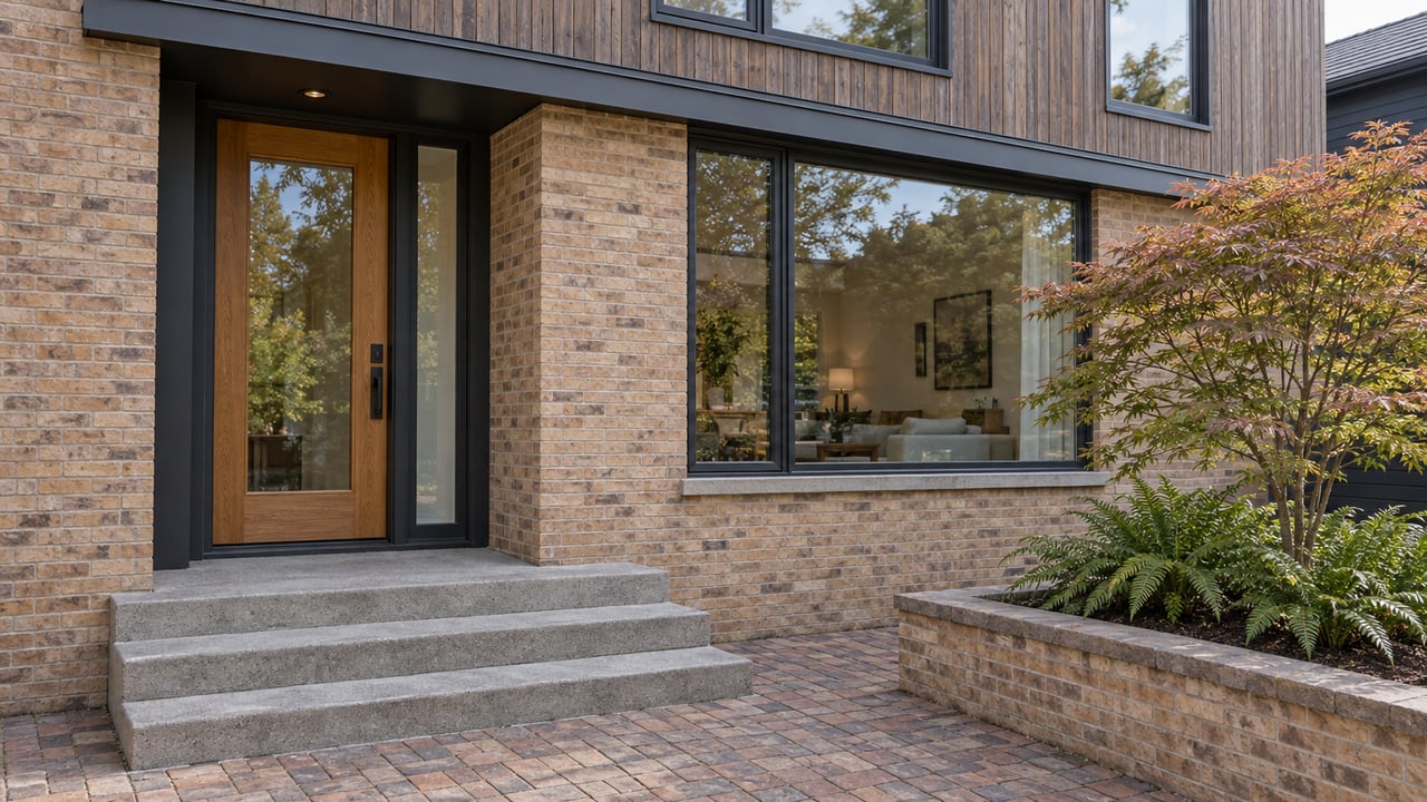 Townhouse entry with a glazed oak door, concrete steps, and a raised planter holding a Japanese maple and ferns.