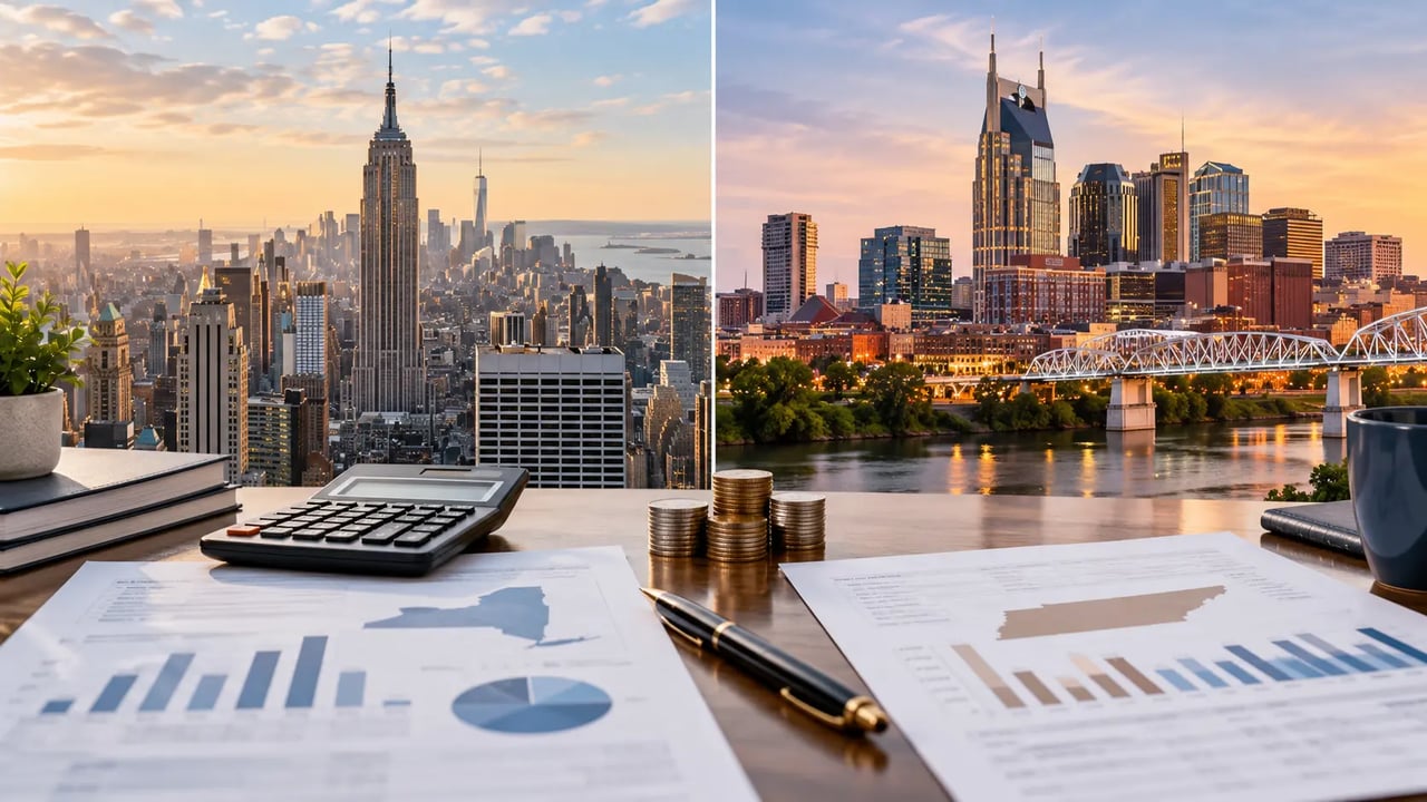 New York vs Tennessee taxes comparison showing income, sales, property, retirement, and estate tax differences.
