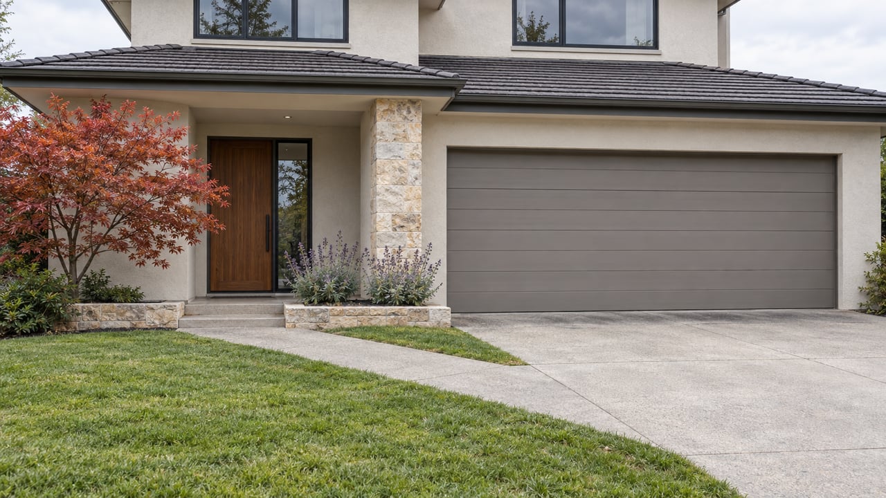 Soft daylight on a two-story stucco home with a limestone porch pier, walnut entry door, gray garage and autumn maple beside a broad front lawn.