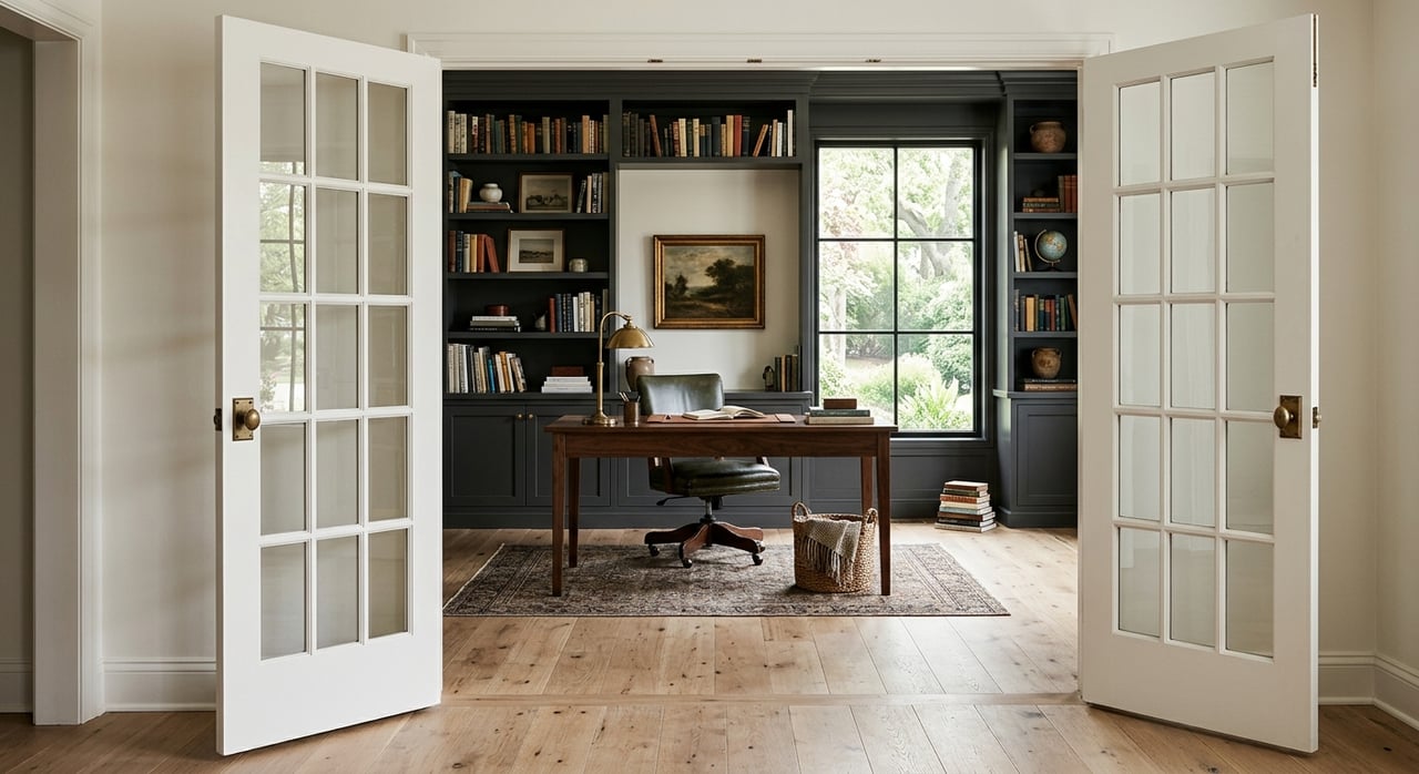 Study with charcoal built-ins, a walnut desk, and a window overlooking dense greenery.