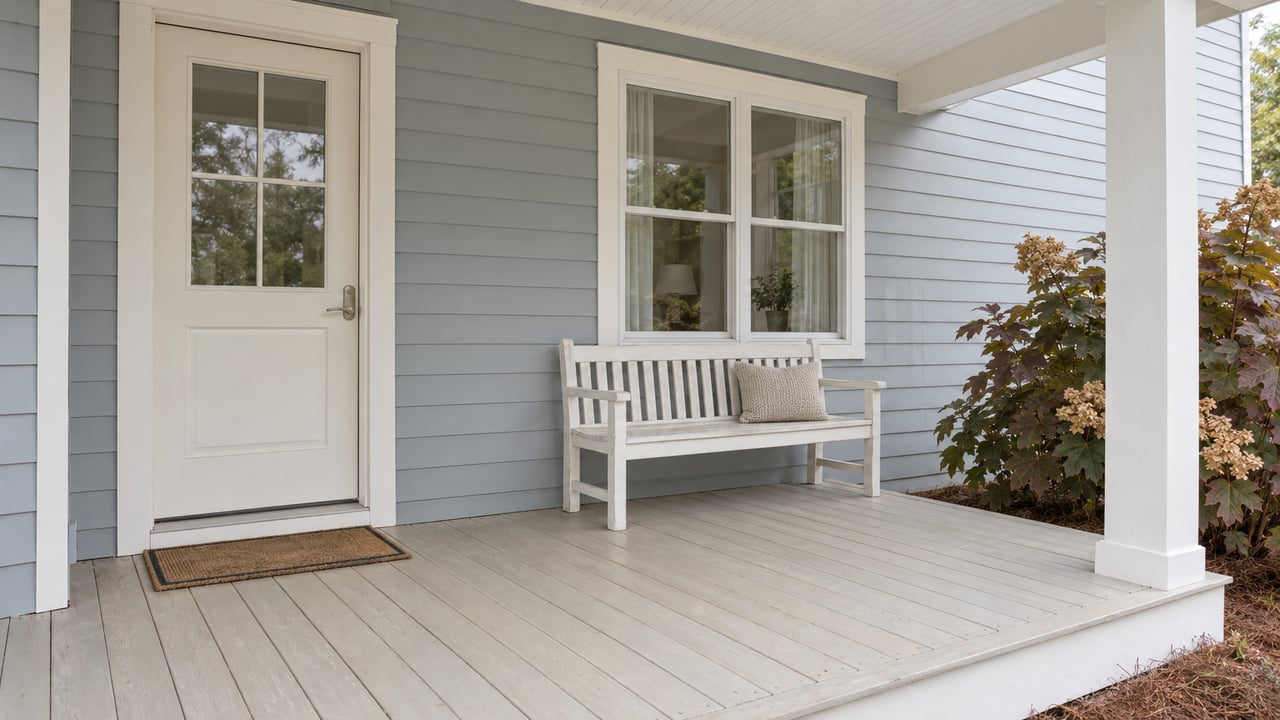 Pale blue-gray house porch with a glazed entry door, white timber bench, weathered pale decking and burgundy oakleaf hydrangea.