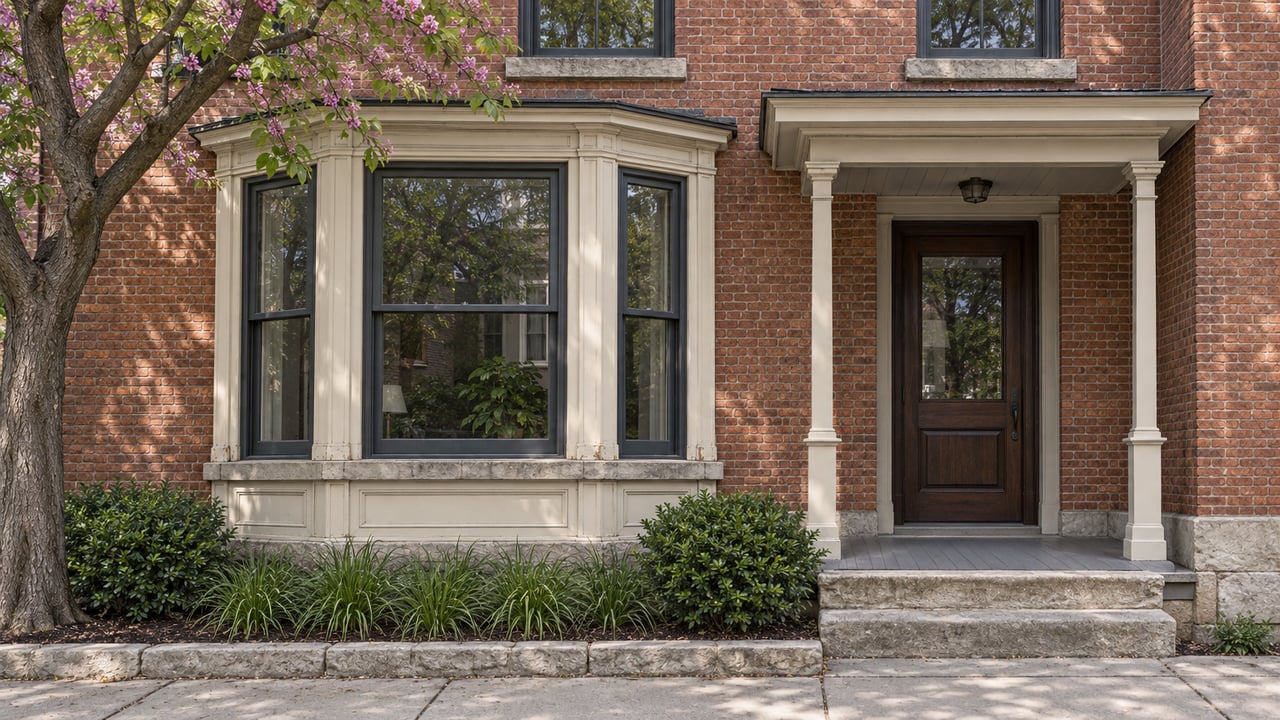 Three-story red-brown brick house with a projecting bay, recessed entry, limestone steps, and narrow planted bed.