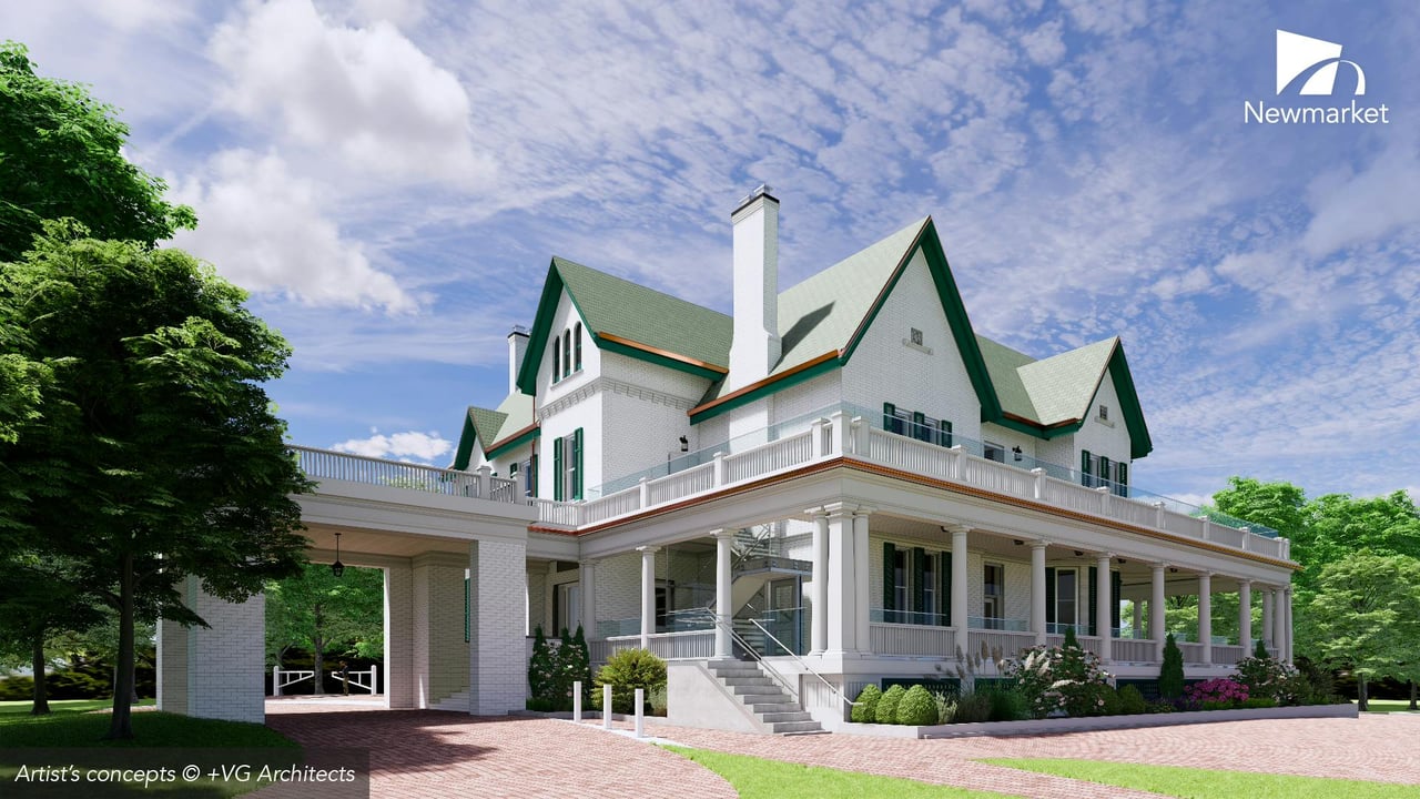 Concept rendering of a white house with steep green roofs, wraparound balconies, and a columned porch.