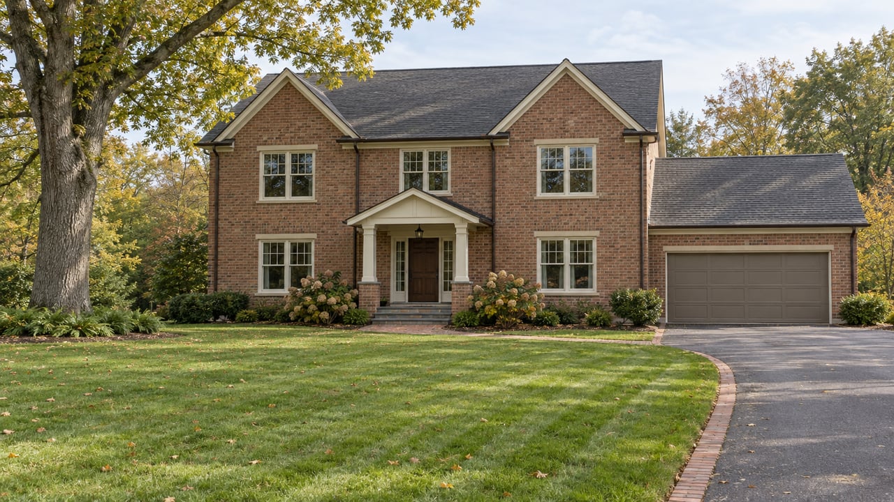 Traditional two-story brick home beyond a deep autumn lawn, with a mature white oak, curved asphalt driveway, and a covered central entry.