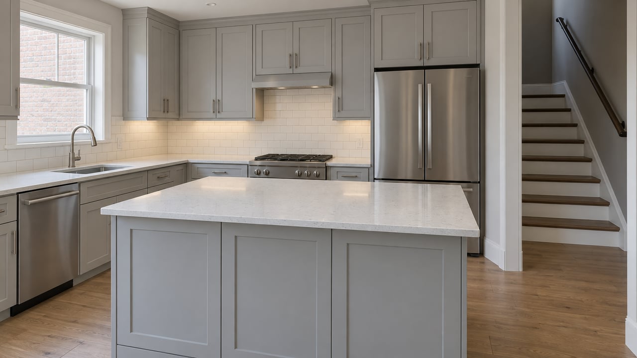 Soft-gray kitchen cabinetry and white quartz island beside a dark-tread staircase, photographed in natural daylight.
