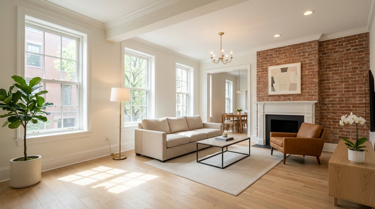 Bright condo living and dining area with exposed brick and beams, staged in modern transitional style.