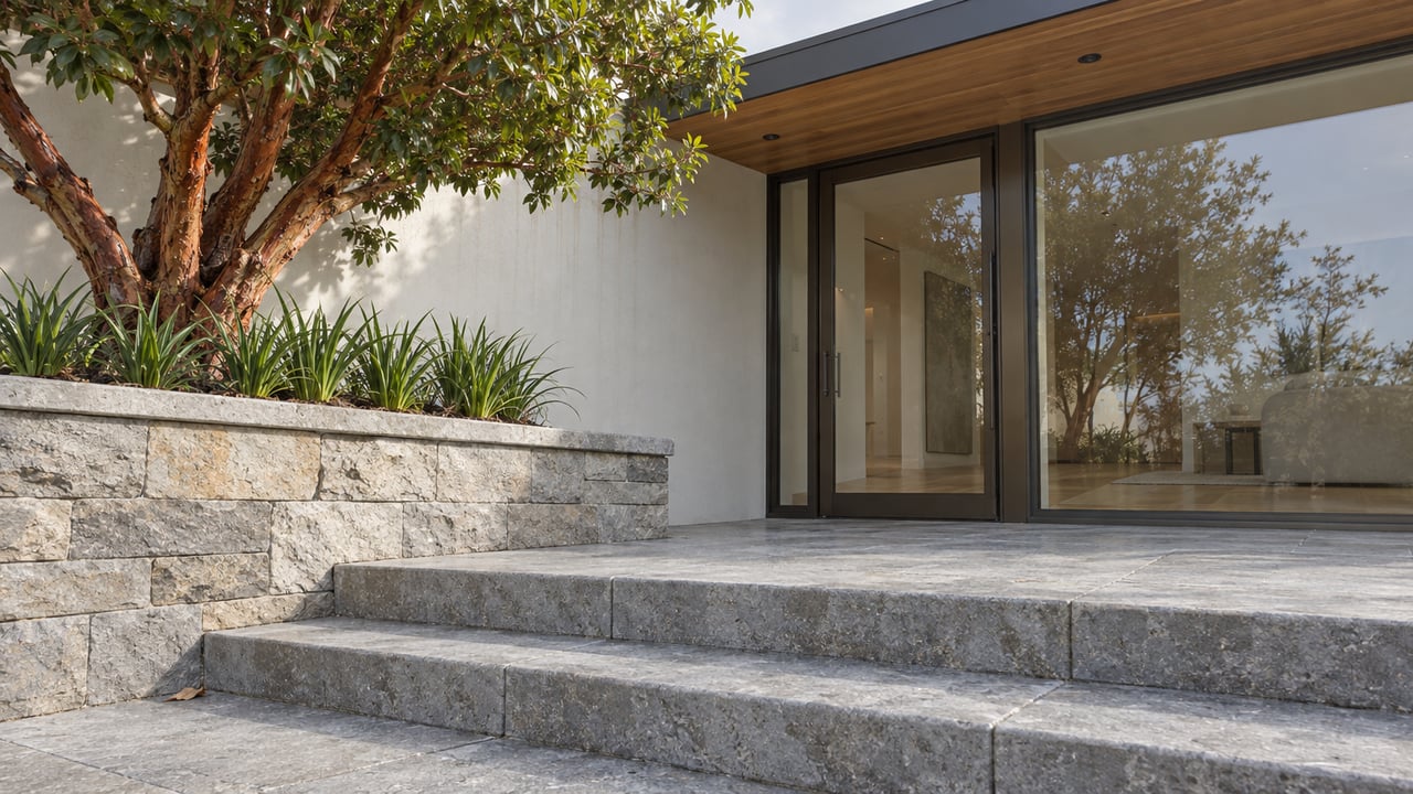 Stone entry steps and a glazed luxury-home entrance beneath a cedar overhang, beside a stone planter with a sculptural strawberry tree.