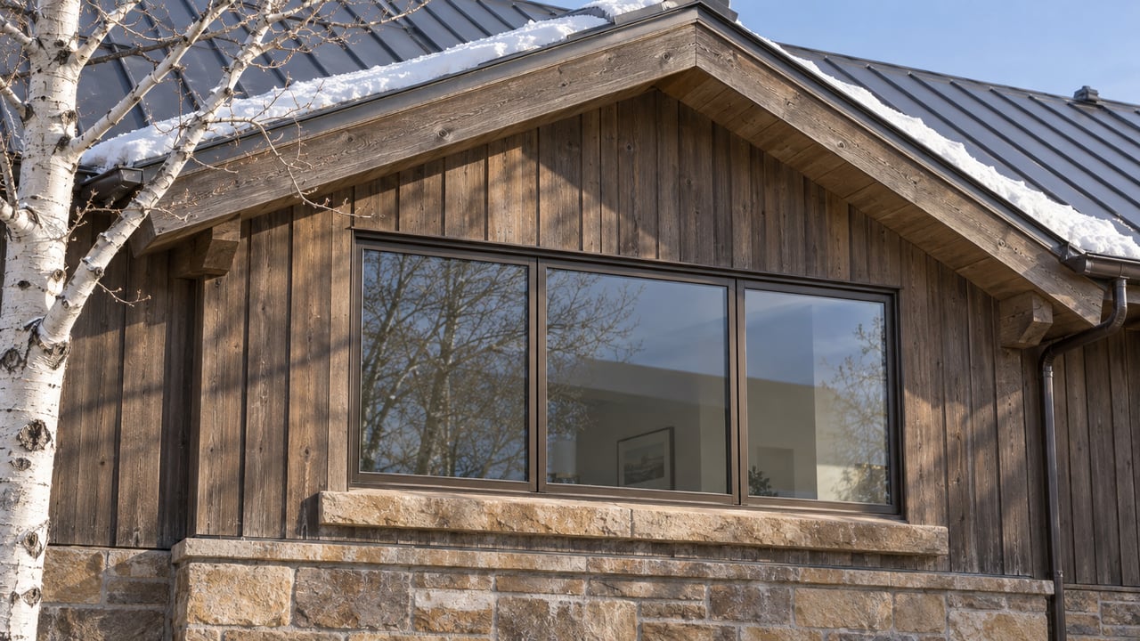Snow dusts a metal roof above weathered cedar siding, a glazed window and sandstone masonry, beside a bare white-barked aspen.