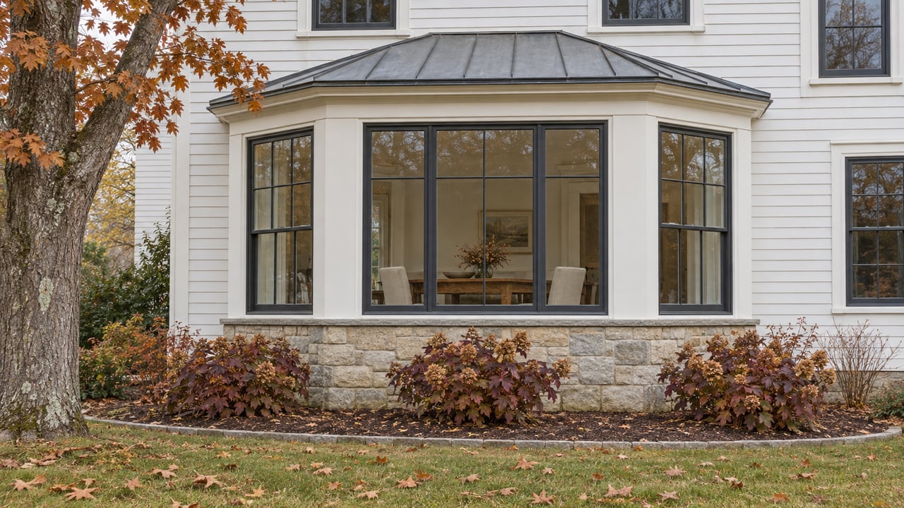 White clapboard home with a stone-based dining-room bay, copper maple leaves and burgundy oakleaf hydrangeas in soft autumn light.