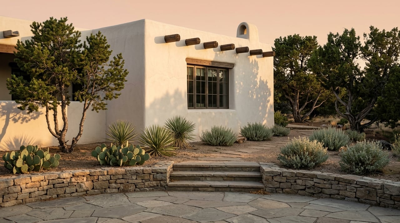 Adobe house with exposed vigas and deep-set window above a flagstone terrace, stone steps, and high-desert plants.