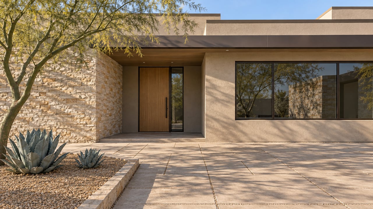 Low stucco home with a recessed oak entrance, limestone accents and a sculptural green-trunked tree beside a paved arrival court.