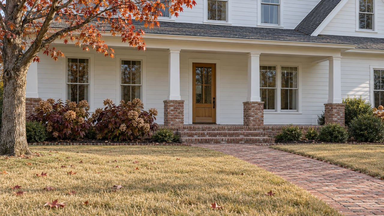 White gabled home with a brick porch and approach, golden autumn lawn, and red maple foliage.